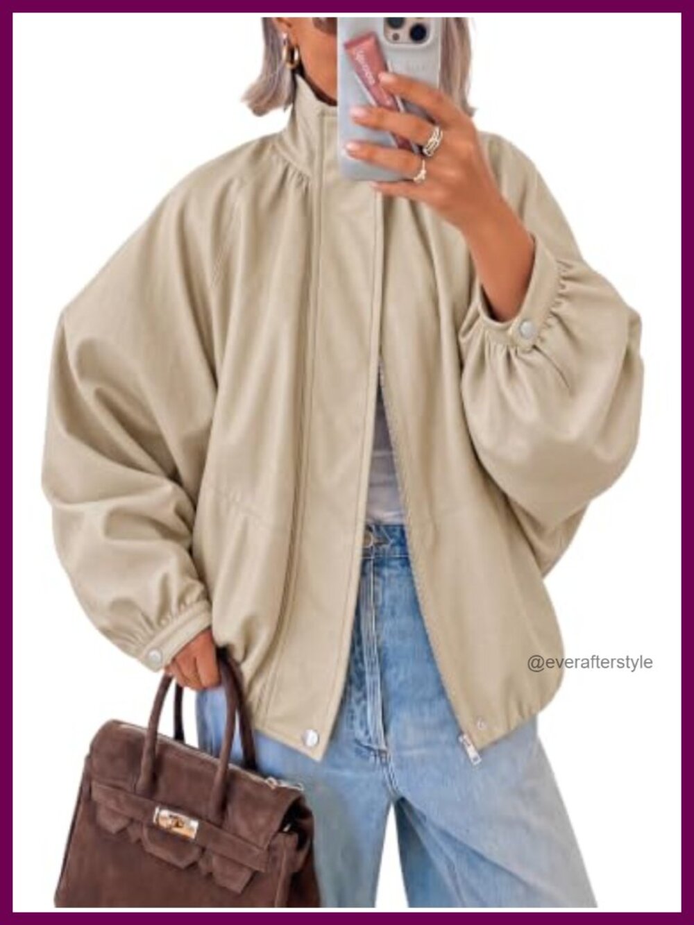 Faux Leather Bomber Jacket Puff Sleeve Long Sleeve Zip Fall Coat